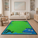 Playful Blue Three-Eyed Dino Green Jungle Kids Rug