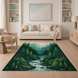 Serene Pine Forest Waterfall Mountain Rug
