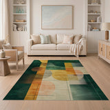 ODIKA Modern Abstract Washable Rug - Green & Gold Geometric Low Pile Area Rug, Non-Slip, OEKO-TEX Certified