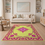 Pink Floral Starburst on Sunny Yellow Rug