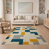 Teal Orange Gray Geometric Block Area Rug