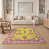 Vibrant Yellow Field Pink Floral Persian Rug