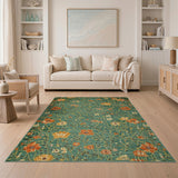 Teal Green Floral Area Rug with Orange Poppies