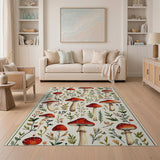 Floral Vintage Whimsical Red Mushroom Meadow Area Rug