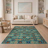 Multi-color and Patterns Teal Orange Geometric Hexagon Area Rug