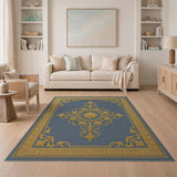 Gold Filigree Medallion Blue Area Rug
