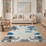 Playful Grey Elephants Blue Clouds Kids Area Rug