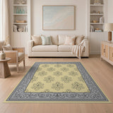 Elegant Beige Floral Damask Area Rug with Grey Border