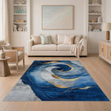 Abstract Navy Blue Swirl Area Rug with Gold Accents