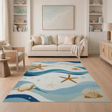 Coastal Waves Tufted Area Rug with Starfish Shells Fish