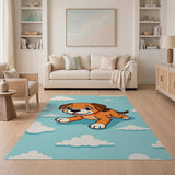 Cute Cartoon Puppy Leaping Clouds Blue Area Rug