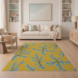 Yellow Area Rug with Blue Leaf Branches