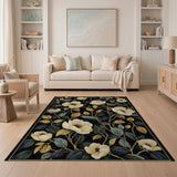 Exquisite Ivory Floral Black Area Rug