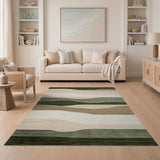 ODIKA Washable Modern Abstract Wavy Area Rug - Low Pile Forest Green & Beige Non-Slip Rug