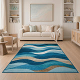 Geometric Modern Blue and Teal Layered Blue Wave Geometric Area Rug