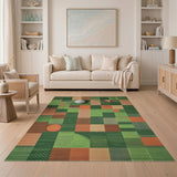 ODIKA Washable Green Geometric Checkered Area Rug - Low Pile, Non-Slip & Pet Friendly