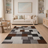 Modern Geometric Patchwork Area Rug in Grey Brown