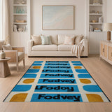 Vibrant Blue Orange Geometric Letter Rug