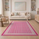 Pink Gingham Check Area Rug with Embroidered Border