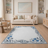Ornate Blue Floral Art Nouveau Border Rug