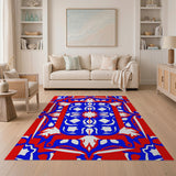 Red Blue Maple Leaf Geometric Area Rug