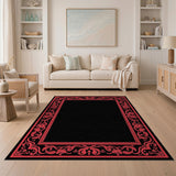 Ornate Red Border Black Area Rug