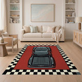 Vintage Red Pickup Truck Checkered Area Rug