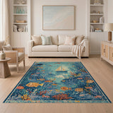 Teal Ocean Sailboat Vibrant Fish Area Rug