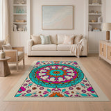 Vibrant Mandala Area Rug in Teal Pink Orange