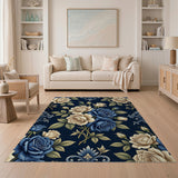 Navy Blue and Ivory Rose Floral Area Rug