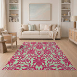 Vibrant Pink Floral on Mint Green Area Rug