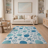 Whimsical Blue Seashell Starfish Coastal Rug