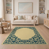 Ornate Teal Floral Border Beige Area Rug
