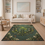 Ornate Green Oak Leaf Distressed Vintage Rug