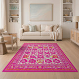 Vibrant Pink Floral Area Rug with Ornate Border