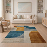 Teal Orange Curved Geometric Area Rug