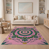 Vibrant Pink Mandala Rug with Green Lotus Leaves