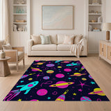 Vibrant Space Rockets Planets Kids Area Rug