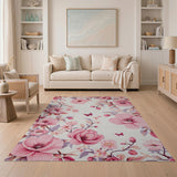 Pink Peony Floral Area Rug with Butterflies