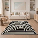 Geometric Maze Labyrinth Area Rug in Black White