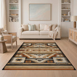 Washable Southwestern Geometric Tribal Low Pile Area Rug - Brown and Beige