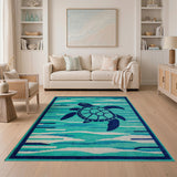 Teal Sea Turtle Wave Coastal Area Rug