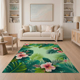 Lush Green Hibiscus and Palm Leaf Area Rug