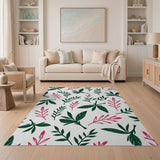 Vibrant Green Leaves Red Blooms Pattern Area Rug
