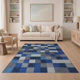 Navy Blue Gray Geometric Block Area Rug