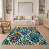 Teal Coral Damask Area Rug