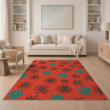 Vibrant Red Teal Daisy Outline Area Rug