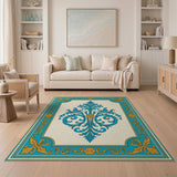 Teal Ornate Floral Crest Area Rug