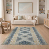 Navy Blue Gold Geometric Border Area Rug