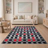 Modern Black Grey Red Checkered Area Rug